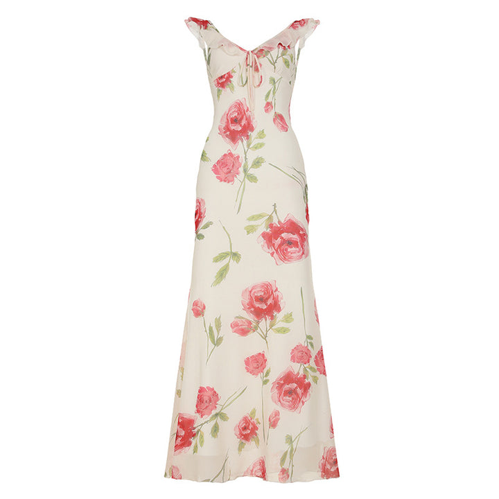 Damen Maxikleid mit floralem Design und Spaghetti-Trägern Drune