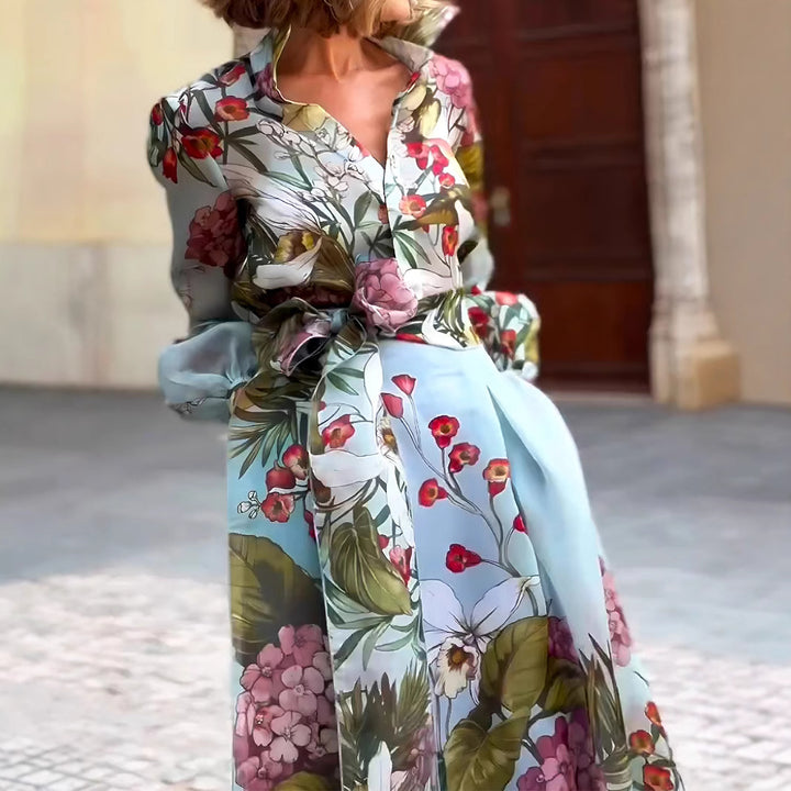 Damen Elegantes Maxikleid mit floralem Muster und schickem Gürtel Drune