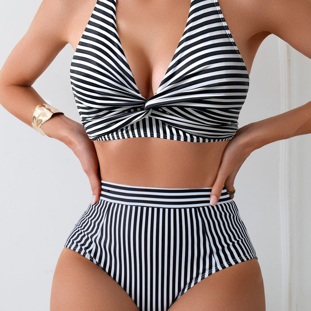 Damen Zweiteiliges High-Waist Bikini-Set mit gekreuztem Oberteil Drune