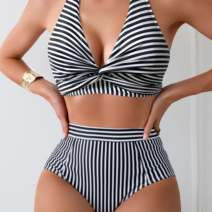 Damen Zweiteiliges High-Waist Bikini-Set mit gekreuztem Oberteil Drune