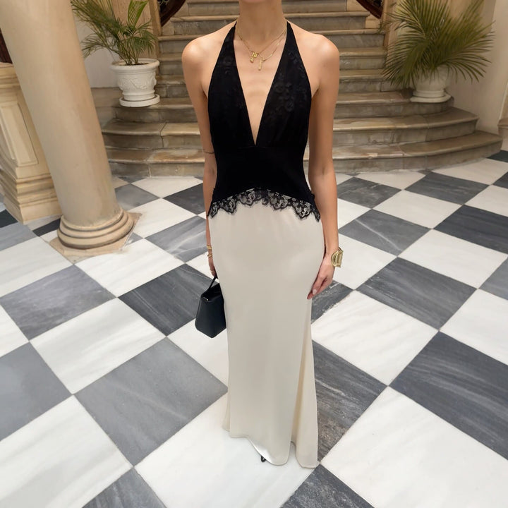 Damen Schickes Maxikleid mit Spitzenoberteil und V-Ausschnitt Drune