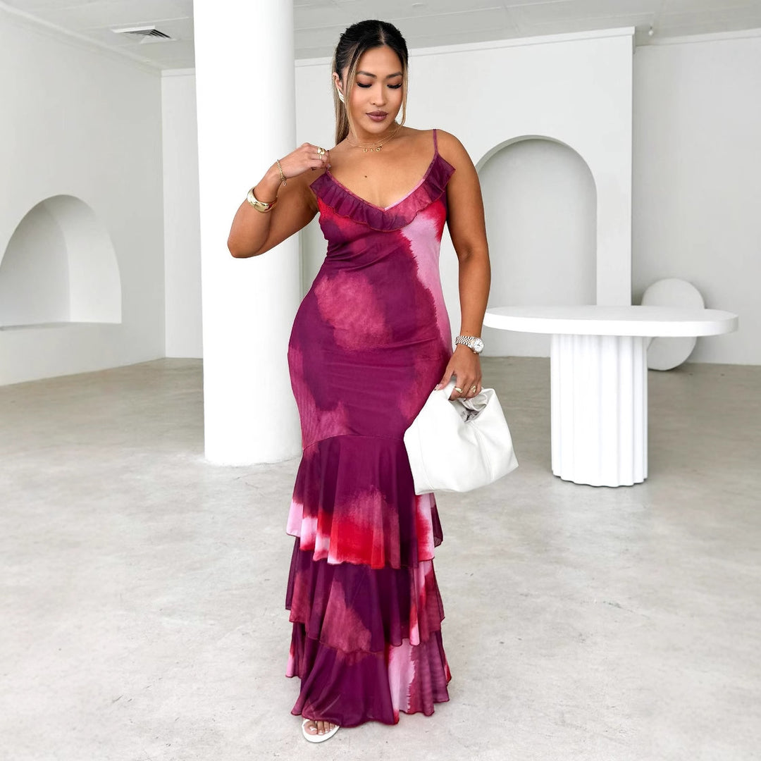 Damen körperbetontes Maxikleid mit Rüschendetails und Spaghettiträgern Drune