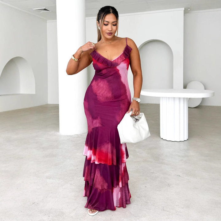 Damen körperbetontes Maxikleid mit Rüschendetails und Spaghettiträgern Drune