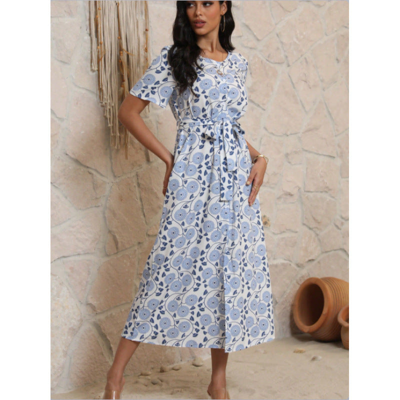 Damen Langarmmaxikleid mit floralem Design und elegantem Bindegürtel Drune