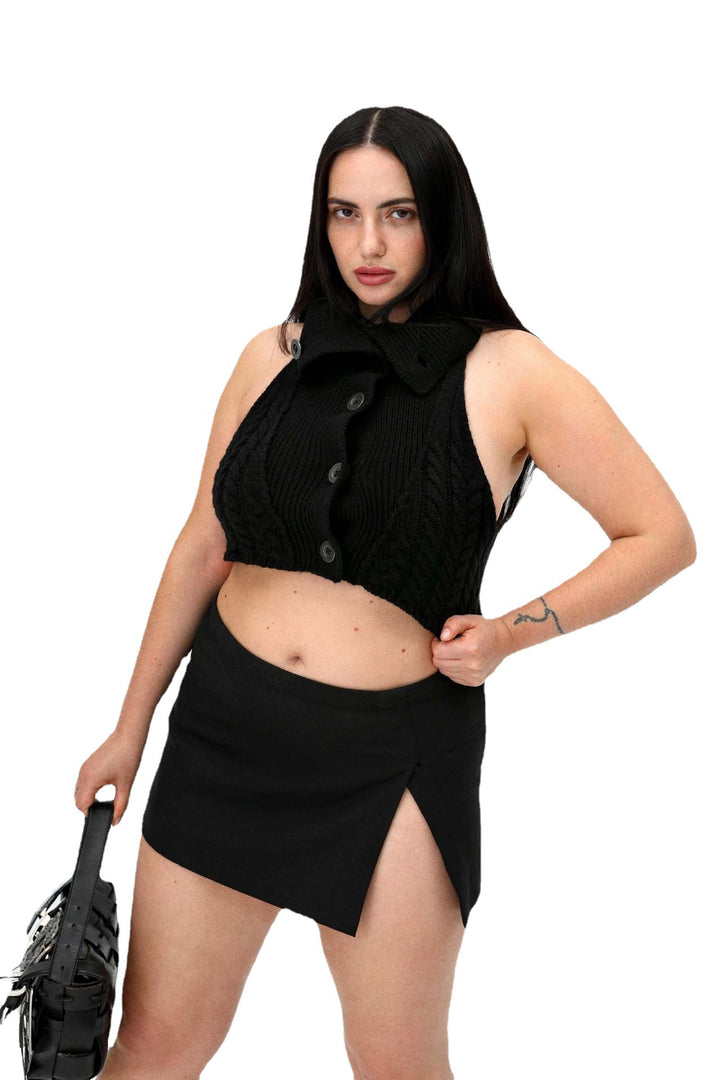 Damen gehäkeltes Crop-Oberteil mit hochgeschlossenem Kragen und Knopfleiste Drune