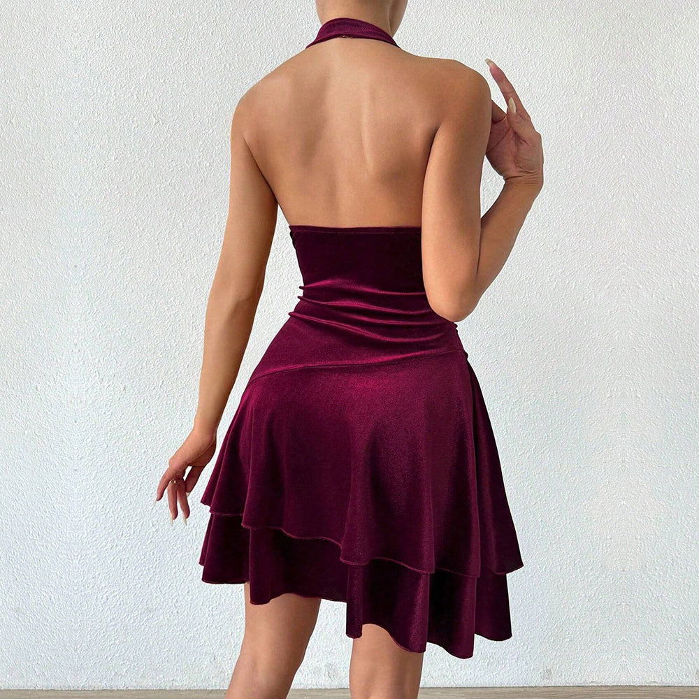 Damen figurbetontes Abendkleid mit rüschendem Rock und Neckholder-Design Drune