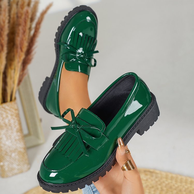 Damen nan elegante Lack-Plateau-Loafer mit dekorativer Schleife und profilierter Gummisohle Drune