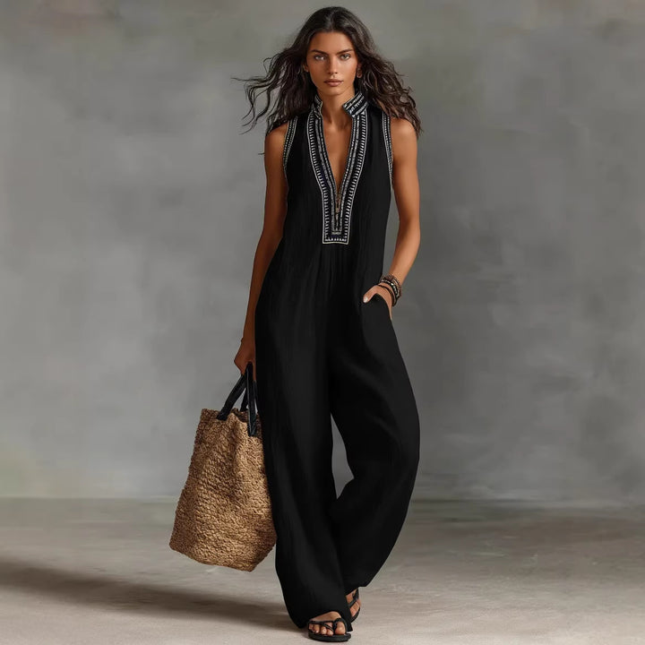 Damen luftiger Jumpsuit mit elegantem V-Ausschnitt und besticktem Kragen Drune