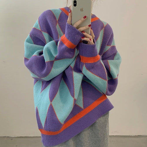 Damen oversized Strickpullover mit geometrischem Muster und Farbkontrasten Drune