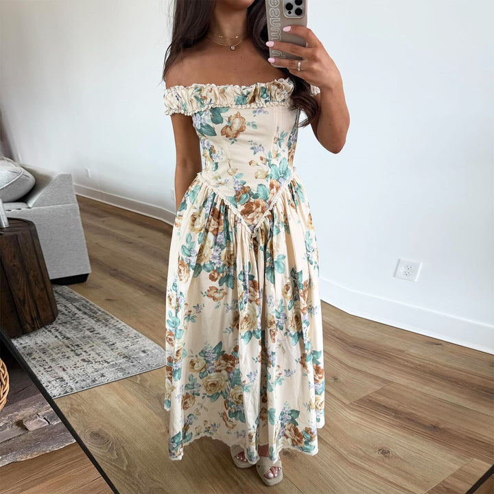 Damen Off-Shoulder Maxikleid mit floralen Akzenten und gerafftem Oberteil Drune