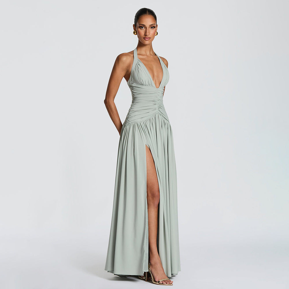 Damen Maxikleid mit tiefem V-Ausschnitt und figurbetonter Raffung Drune