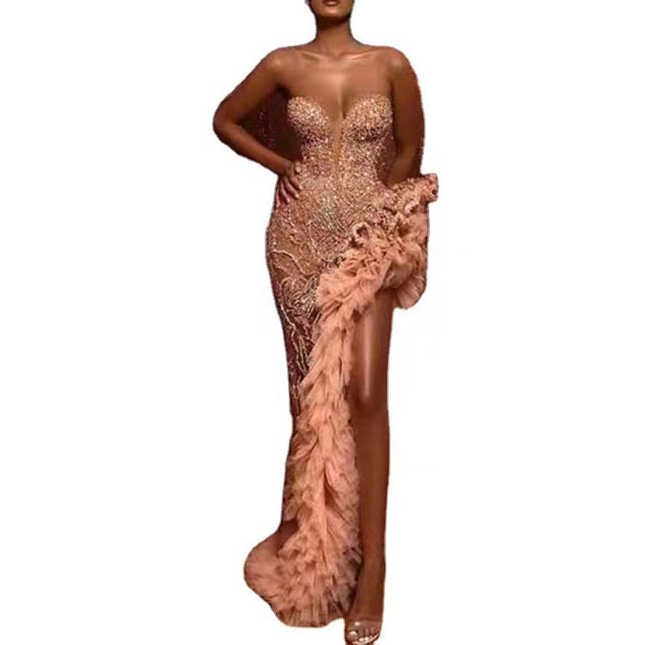 Damen Figurbetontes Abendkleid mit schimmernden Perlen und Rüschendetails Drune