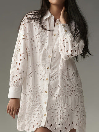 Damen Eyelet Detail Knopf-Up Tunika Shirt Drune