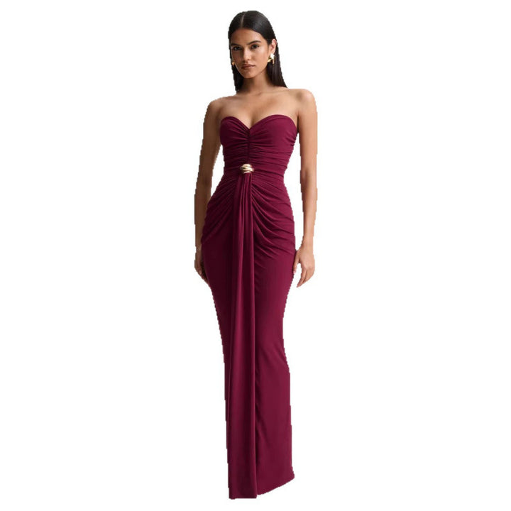 Damen Elegantes langes Abendkleid mit gerafftem Oberteil und goldener Schnalle Drune