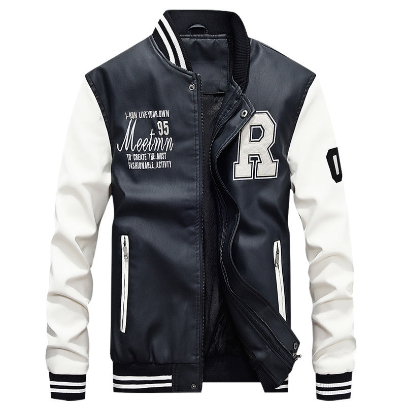 Herren nan Varsity-Lederjacke im College‑Stil mit gesticktem Logopatch, kontrastärmel‑Design und gerippten Bündchen Drune