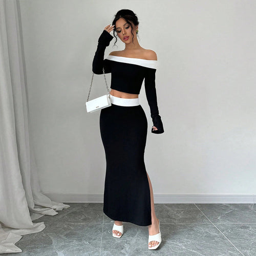Damen Crop-Top und Maxirock Set mit Off-Shoulder Design Drune