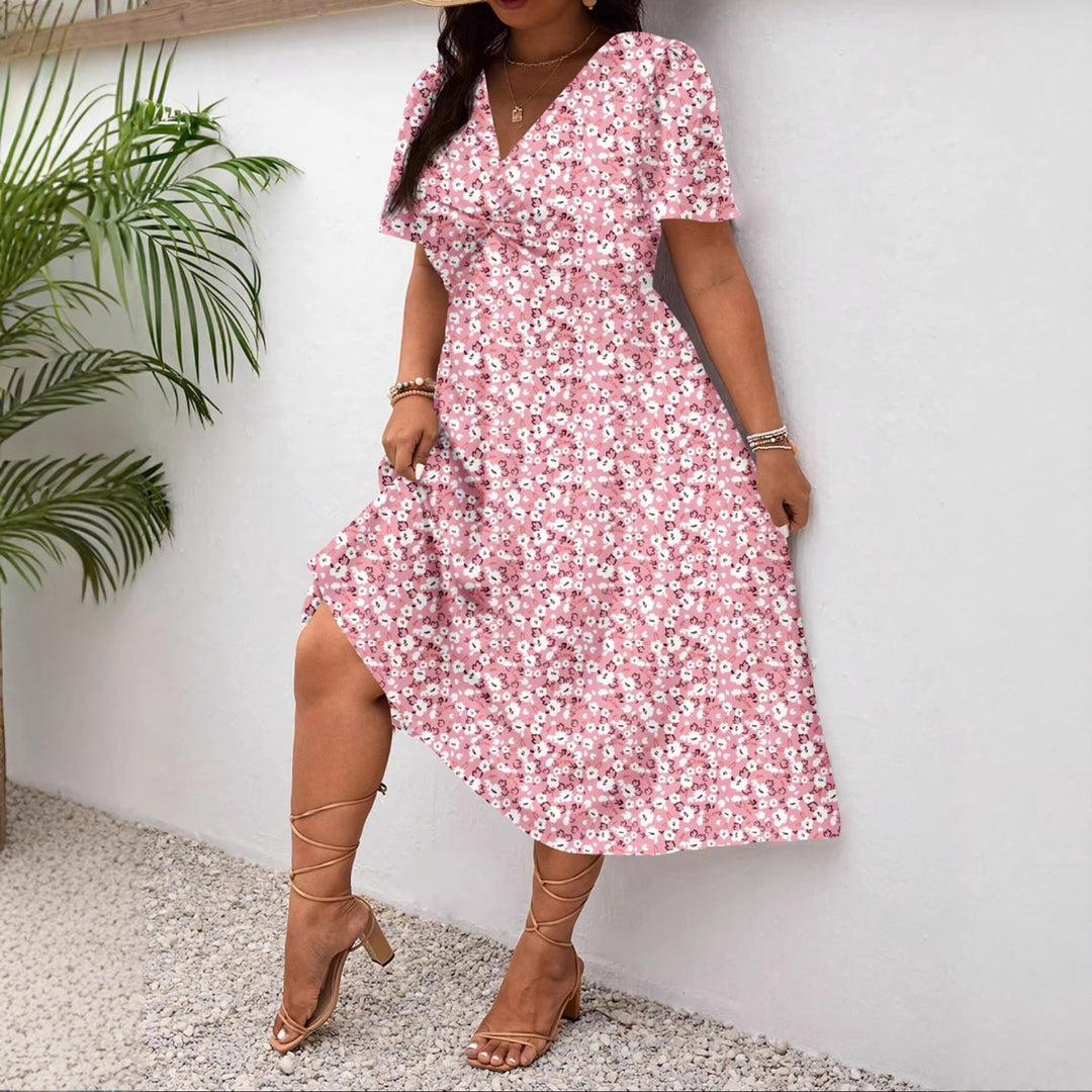Damen Midi-Kleid mit Blumenmuster und vorteilhaftem Schlitz Drune