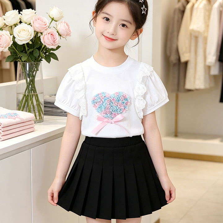 Mädchen T-Shirt mit Herzmotiv und Rüschendetails Drune