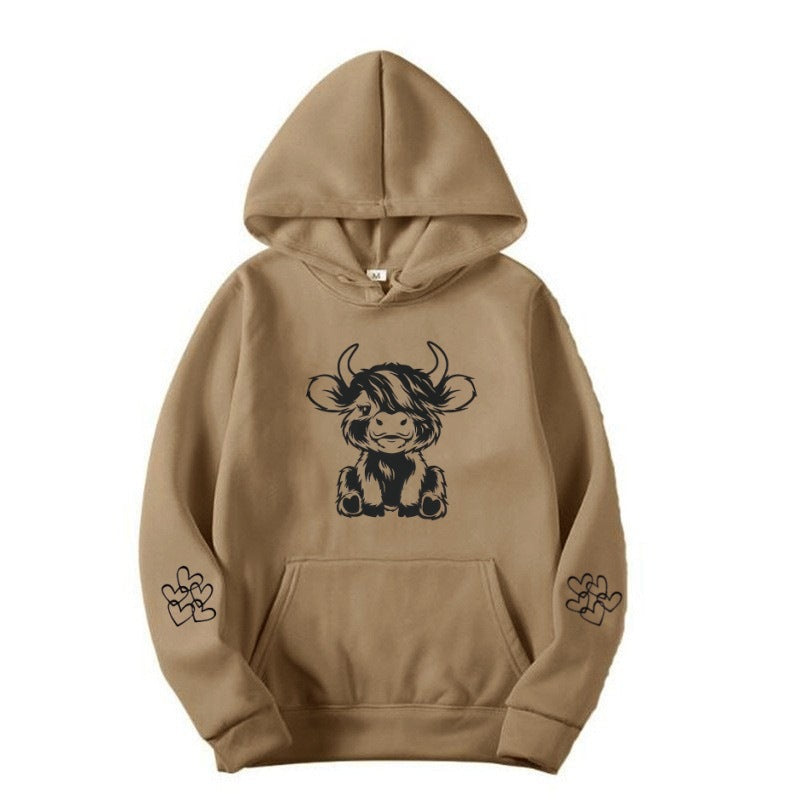 Damen Kapuzensweater mit entzückendem Kuhmotiv und praktischen Kängurutaschen Drune