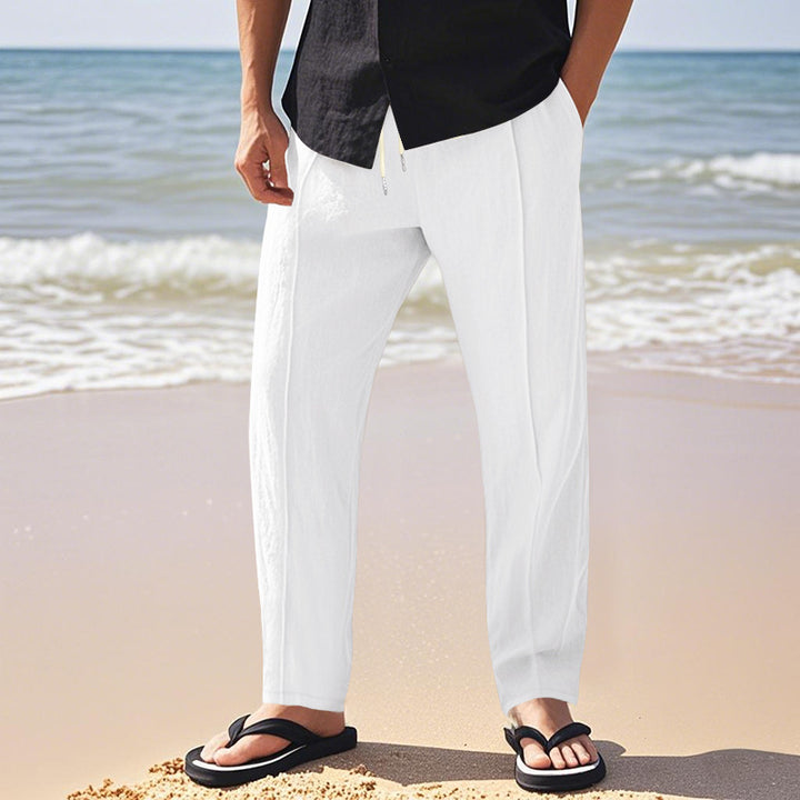 Herren nan relaxed-fit Sommer-Leinenhose mit Bügelfalte elastischem Tunnelzug und Seitentaschen Drune