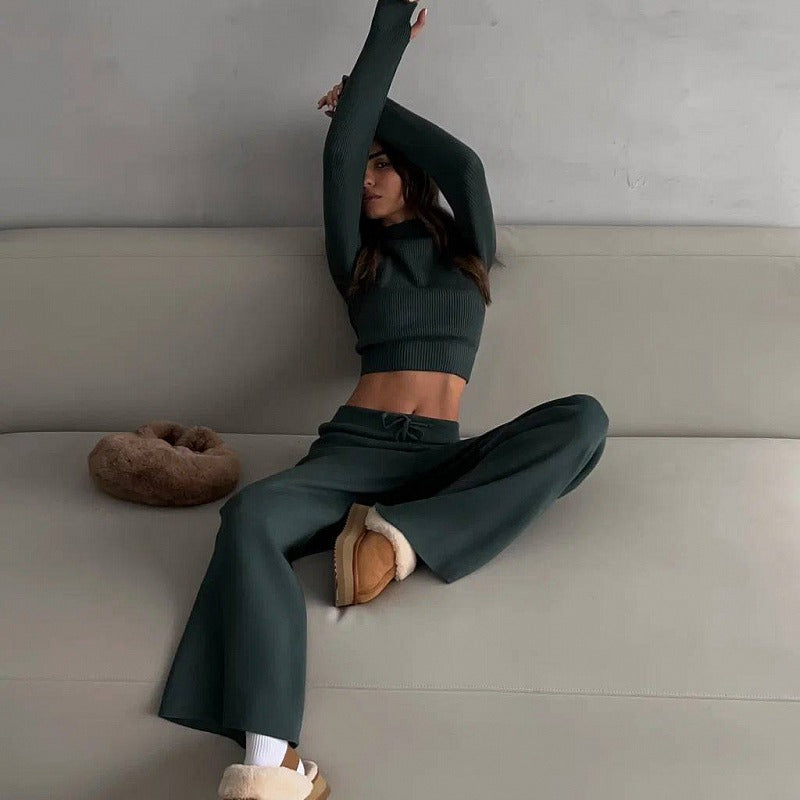 Damen Bequeme Strick-Loungewear mit cropped Oberteil und weit geschnittenen Hosen Drune