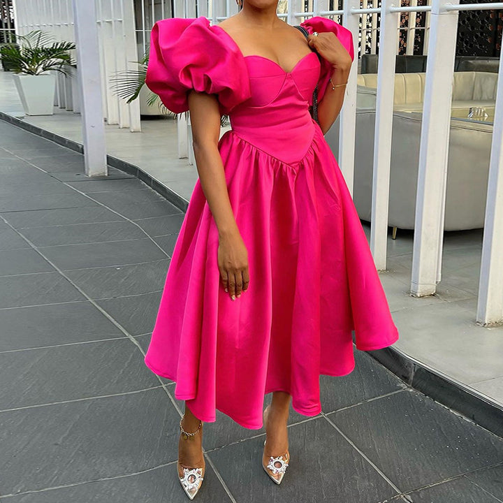 Damen Elegante Off-Shoulder Puffärmel Kleid Drune