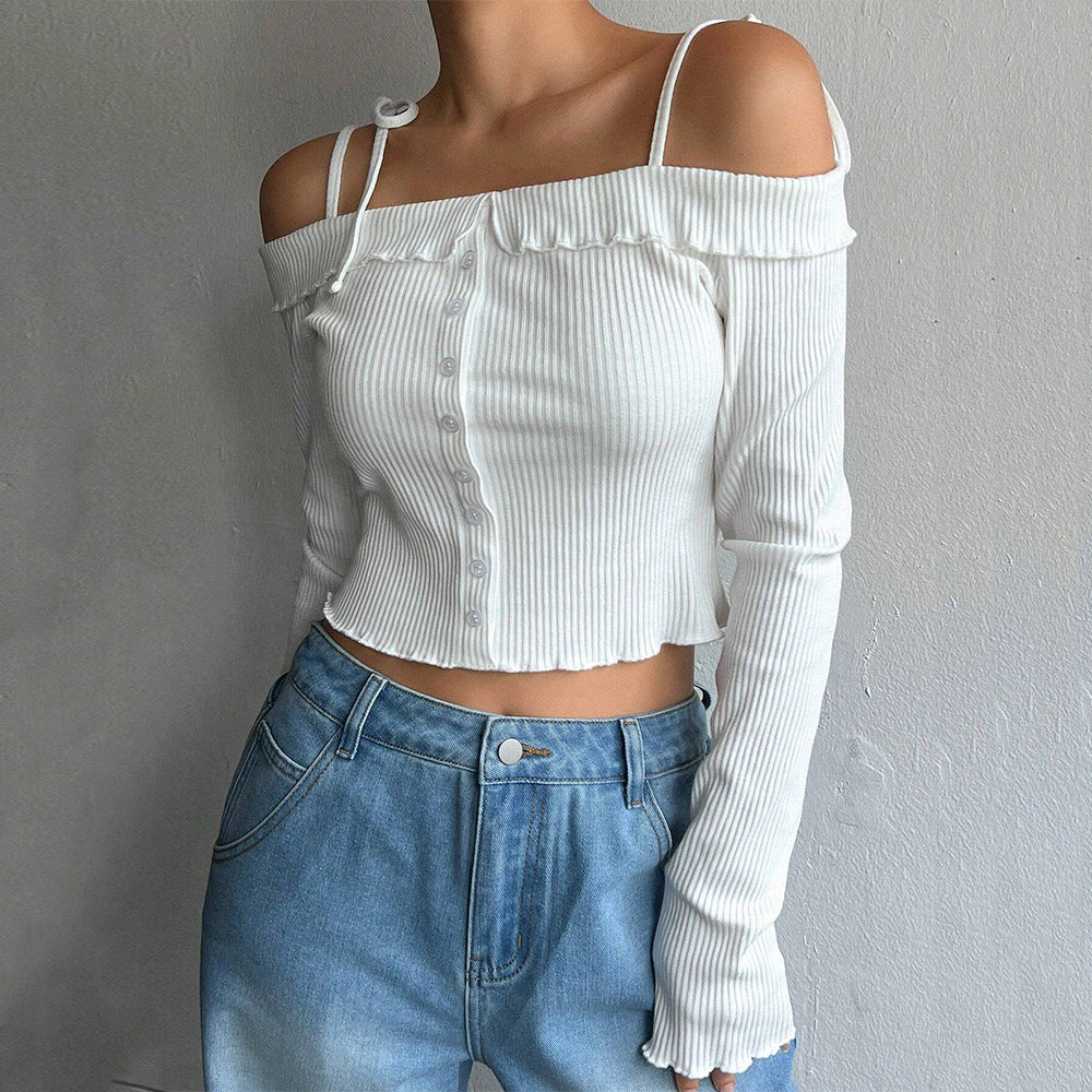 Damen cropped Oberteil mit Off-Shoulder Design und Rüschendetails Drune
