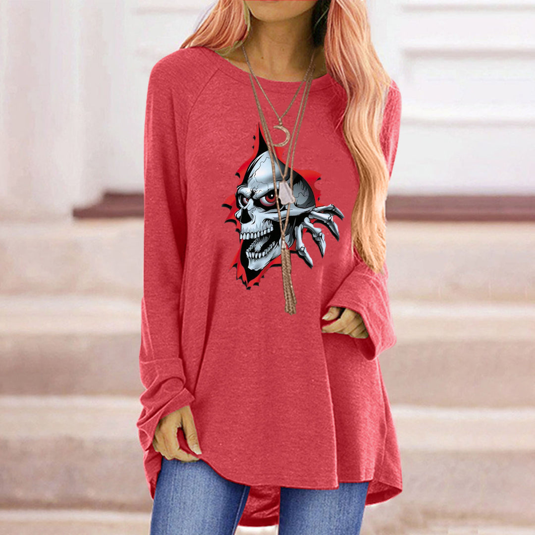 Damen Langarmshirt mit kreativem Skelett-Design und lässigem Schnitt Drune