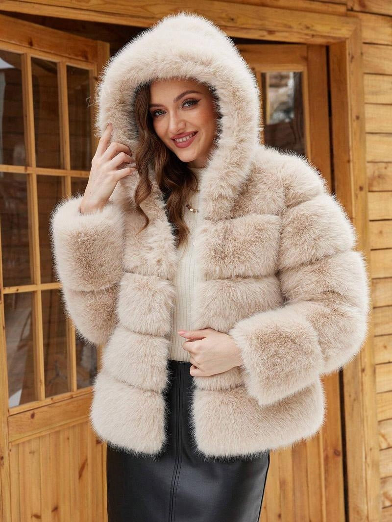 Damen Trendige Kunstpelzjacke mit Kapuze Drune