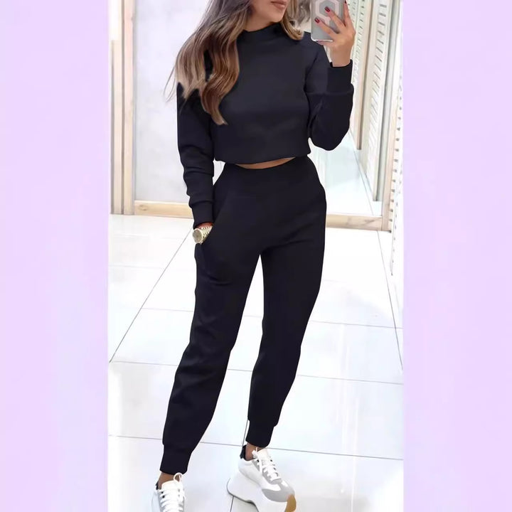 Damen sportliches Set aus kuscheligem Baumwollmaterial mit stylischem Cropped-Oberteil und elastischem Bund Drune