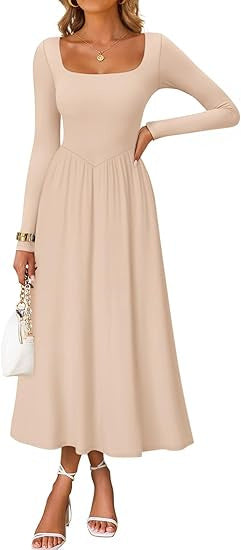 Damen Elegantes Midi-Kleid mit Quadratausschnitt und langen Ärmeln Drune