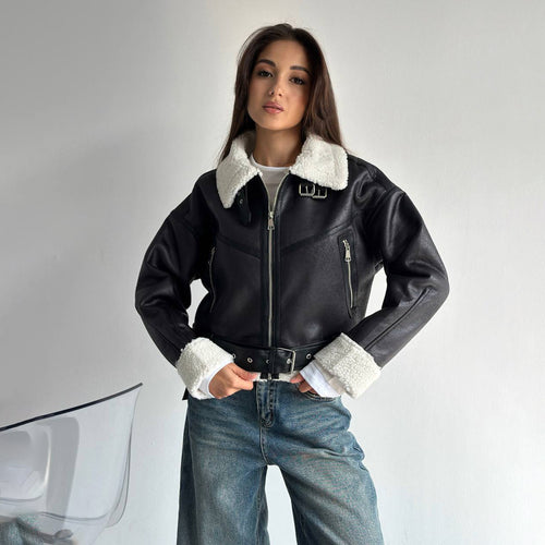 Damen Kunstlederjacke mit hochwertigem Fleece-Futter und figurformendem Gürtel Drune