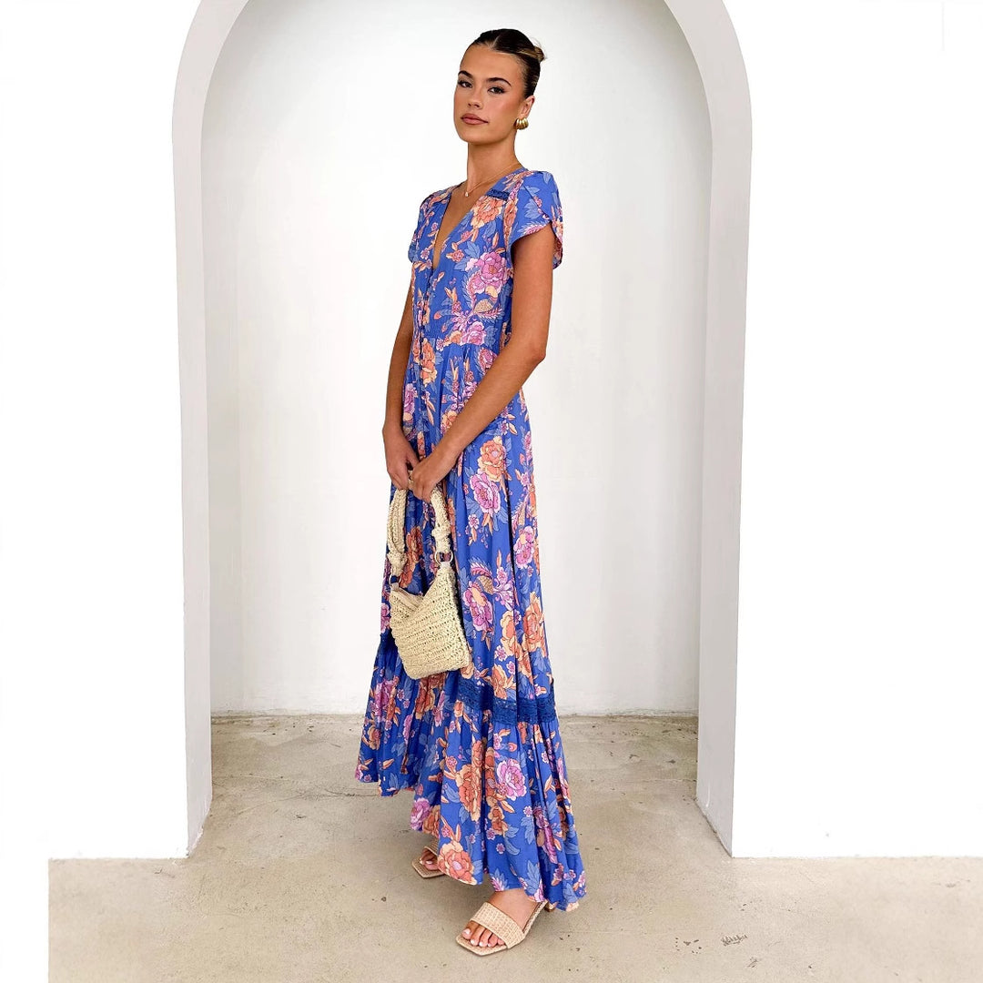 Damen Maxikleid mit elegantem V-Ausschnitt und femininen Rüschendetails Drune