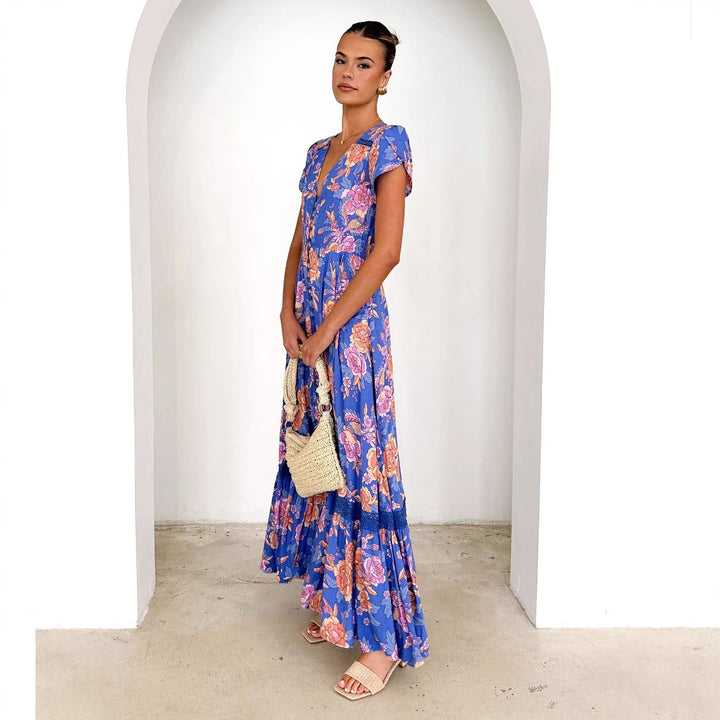 Damen Maxikleid mit elegantem V-Ausschnitt und femininen Rüschendetails Drune