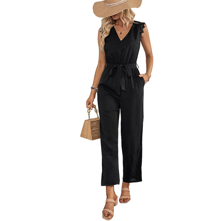 Damen Eleganter Jumpsuit mit Spitze und Taillengürtel Drune