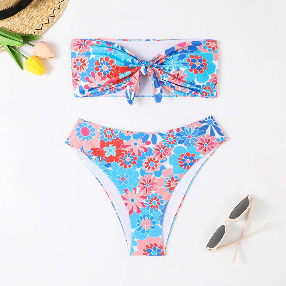 Damen Bandeau Bikini mit modischem Blumenmuster und verspieltem Knotendetail Drune