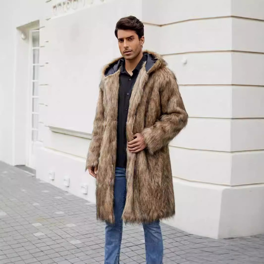 Herren Luxuriöser Kunstfellmantel mit Kapuze Drune
