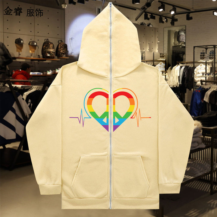Damen sportlicher Kapuzenpullover mit buntem Herzmotiv und praktischen Taschen Drune