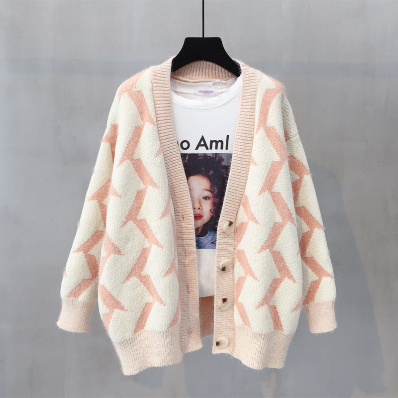 Damen Grobstrick Cardigan mit modernem Zickzackmuster und Knopfdetails Drune