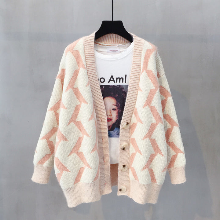 Damen Grobstrick Cardigan mit modernem Zickzackmuster und Knopfdetails Drune