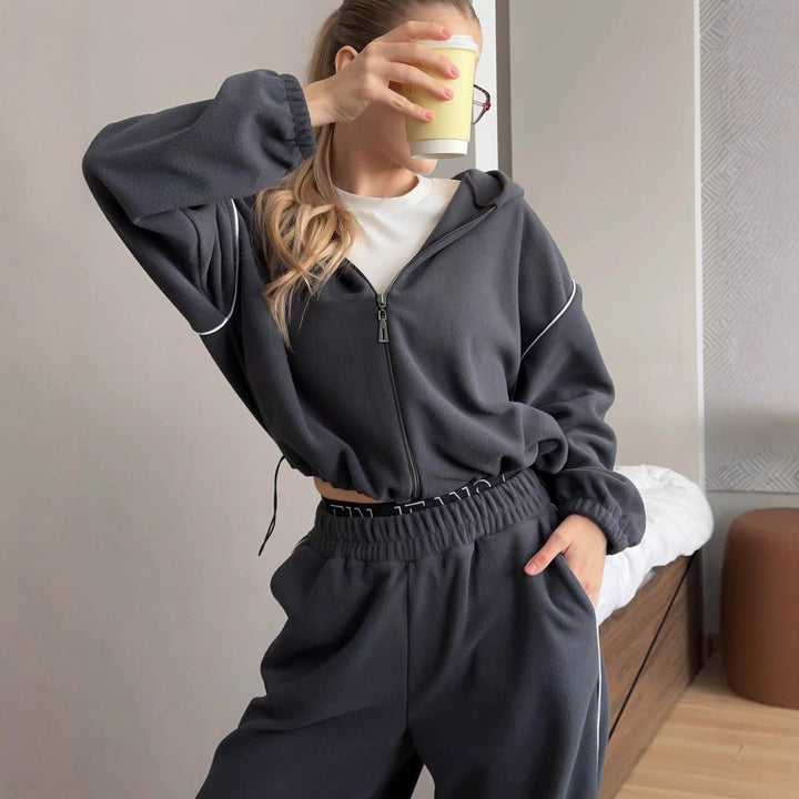 Damen gemütliches Fleece-Set mit Kapuze und weitem Schnitt Drune