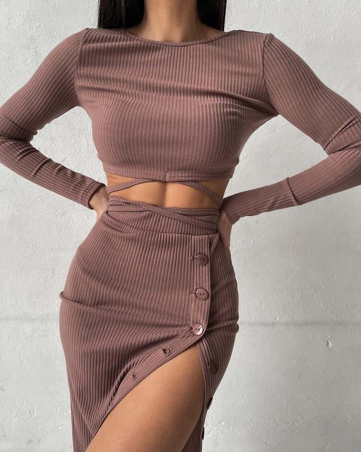 Damen cropped Oberteil und lange hochtaillierte Rockkombination Drune