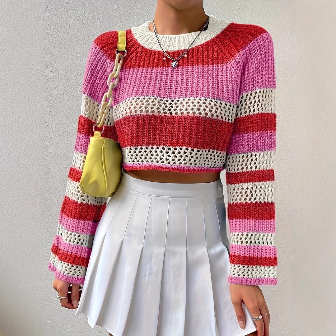 Damen Strickpullover mit verspieltem Lochmuster und bunten Streifen Drune