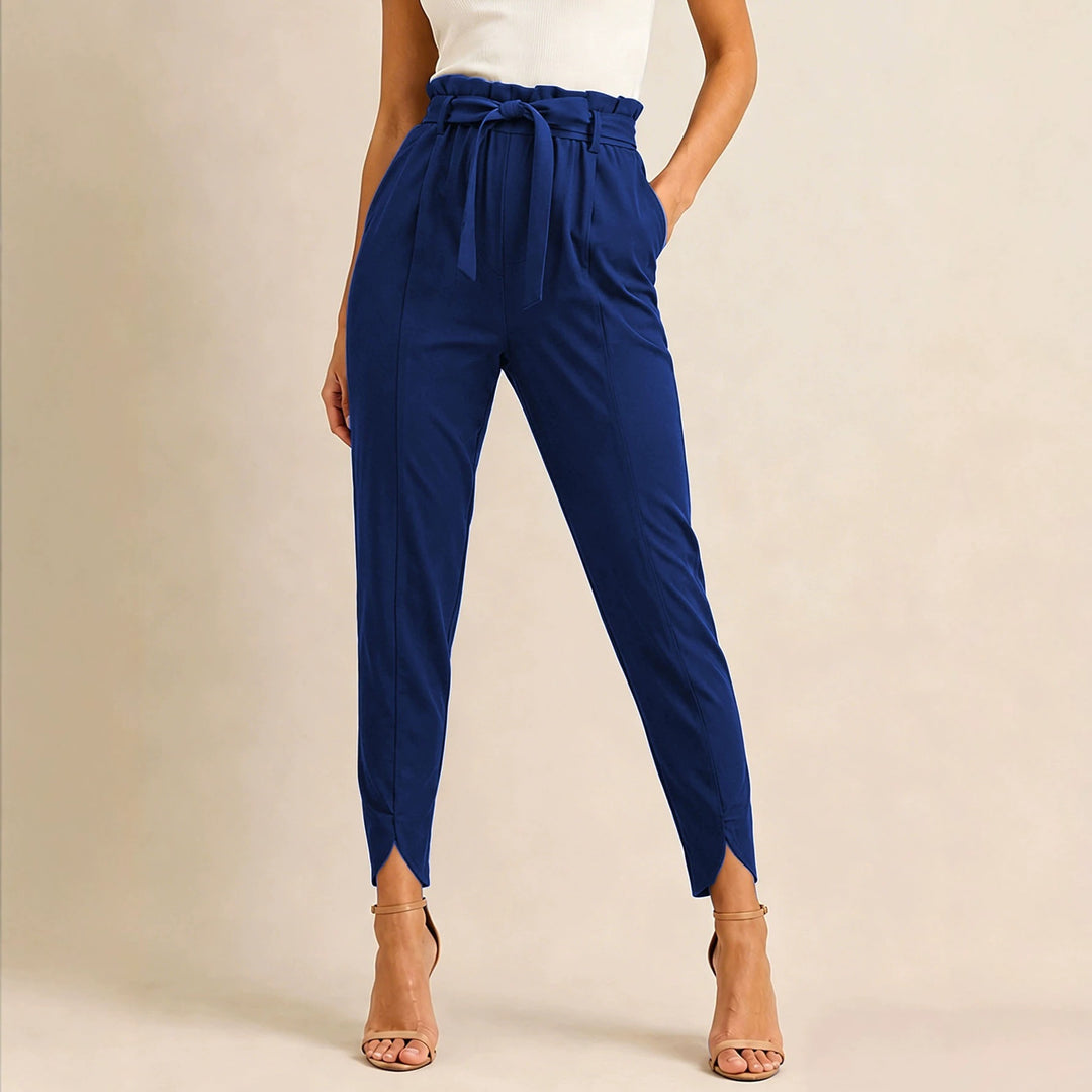 Damen nan hoch taillierte Paperbag-Hose mit Bindegürtel und geschlitztem Knöchelabschluss Drune