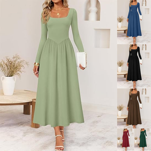 Damen Elegantes Midi-Kleid mit Quadratausschnitt und langen Ärmeln Drune
