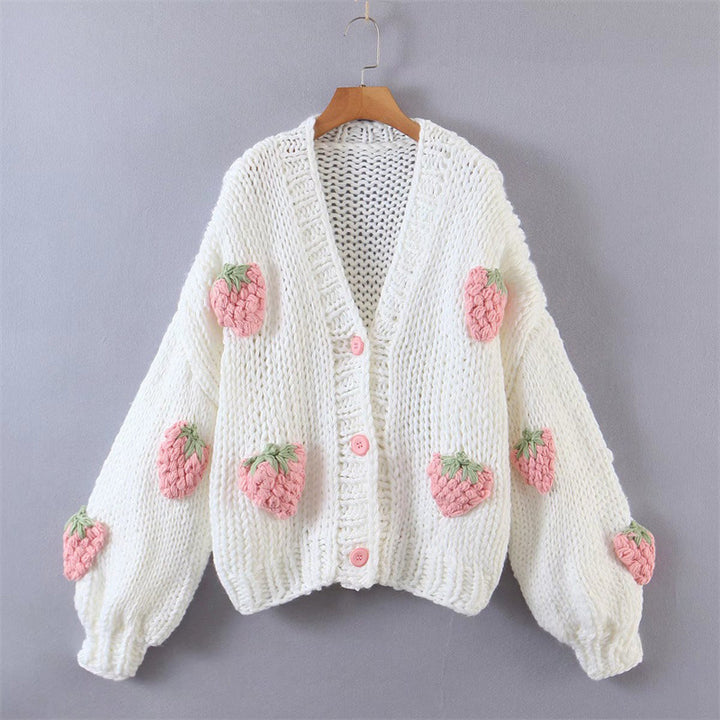 Damen Strickjacke mit Erdbeerapplikationen und Knopfverschluss Drune