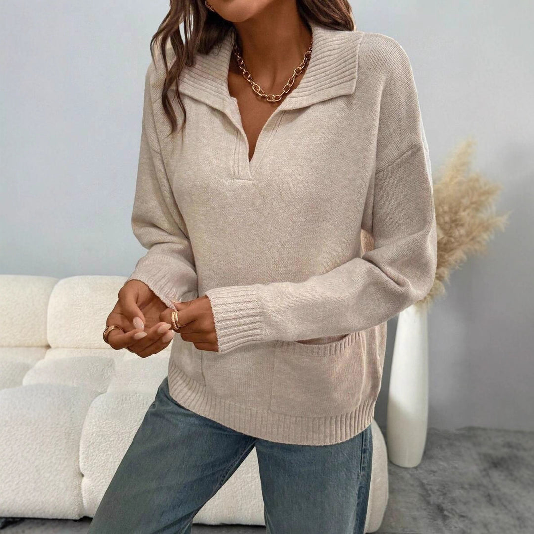Damen kuscheliger Pullover mit Reverskragen und aufgesetzten Taschen Drune