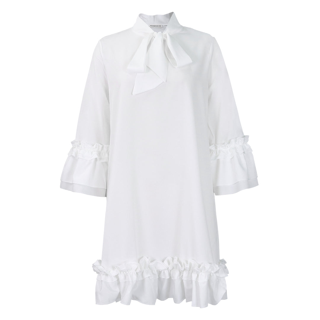 Damen Tunika-Kleid mit eleganten Rüschen und schickem Schleifenkragen Drune