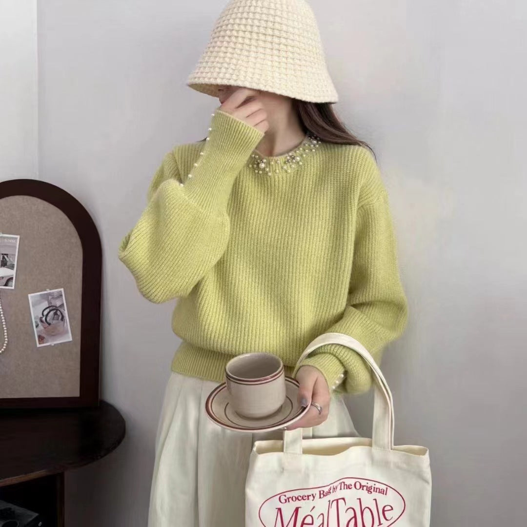 Damen Eleganter Pullover mit perlenverzierten Details Drune
