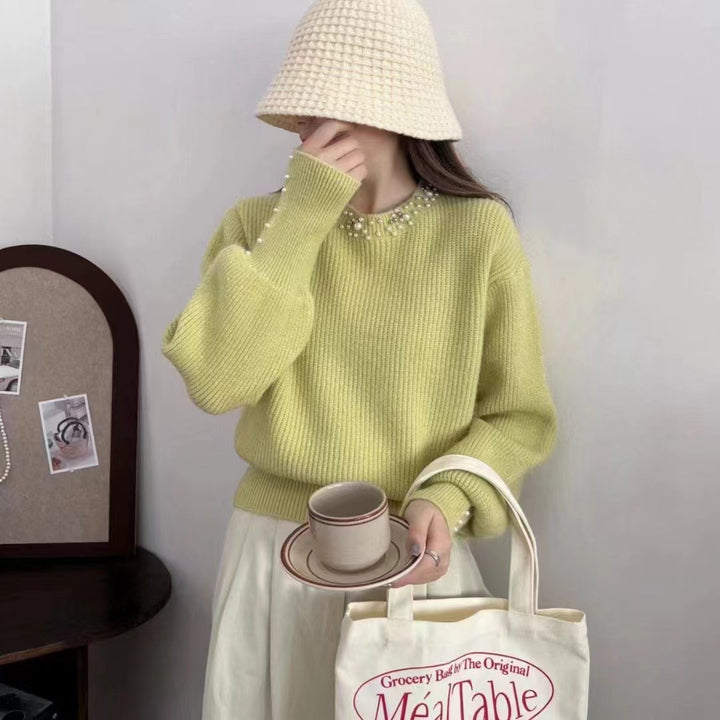 Damen Eleganter Pullover mit perlenverzierten Details Drune